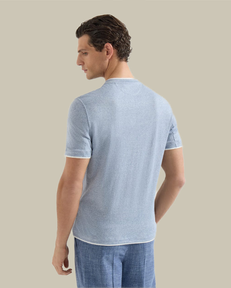 Linen Blend Blue Crew Neck T Shirt