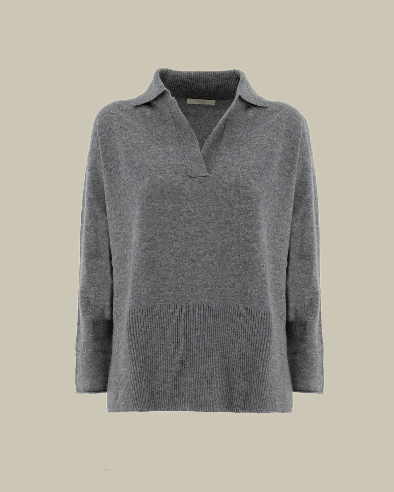 Long Sleeve Knitted Grey Cashmere Polo