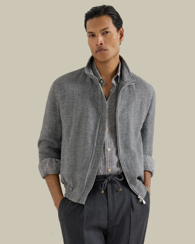 Grey Silk, Linen & Wool Hopsack Blouson