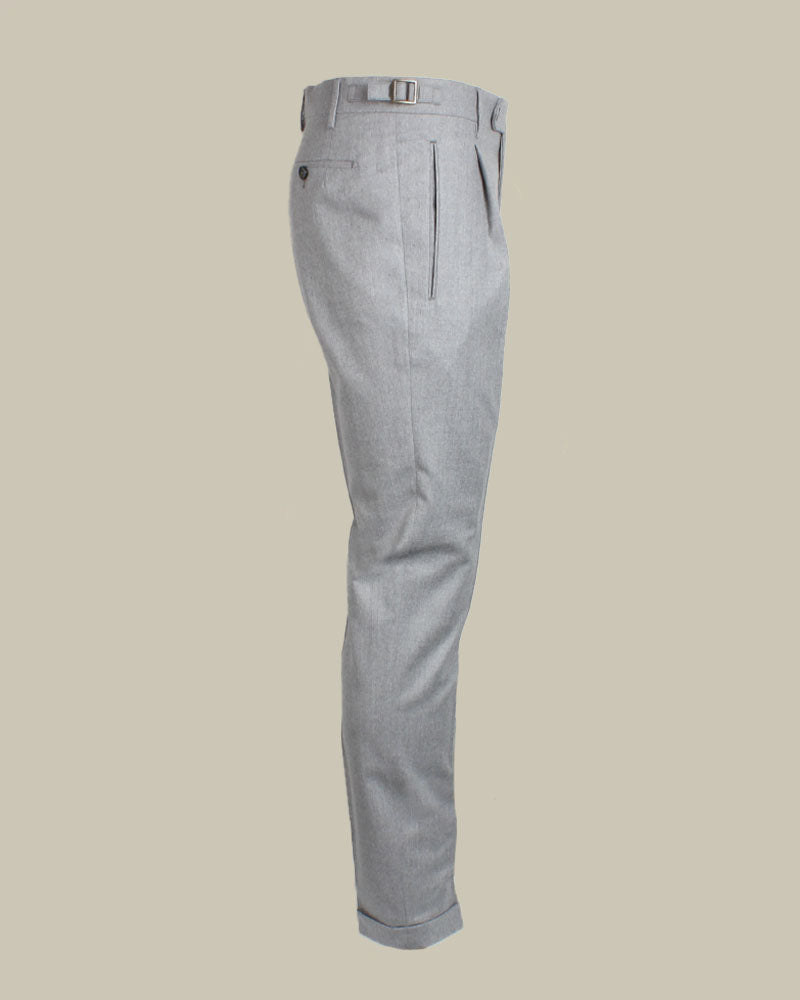 Grey Flannel Pleated Side Fasten Trousers