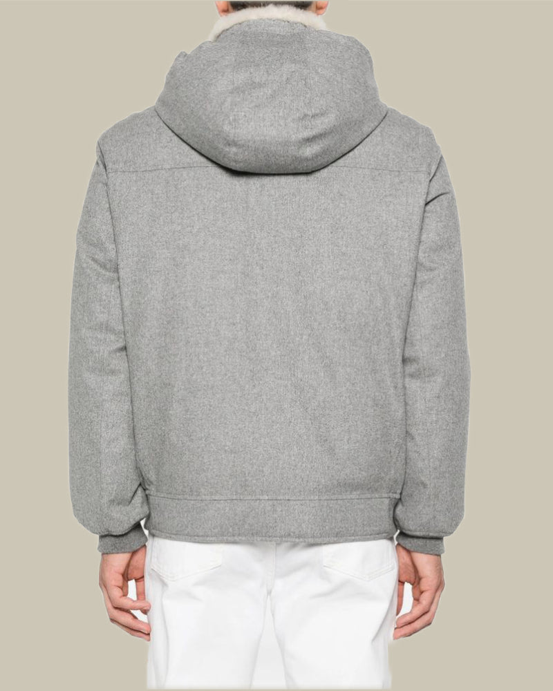 Grey Cashmere Flannel Down Jacket With Fur Collar