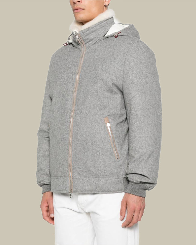 Grey Cashmere Flannel Down Jacket With Fur Collar