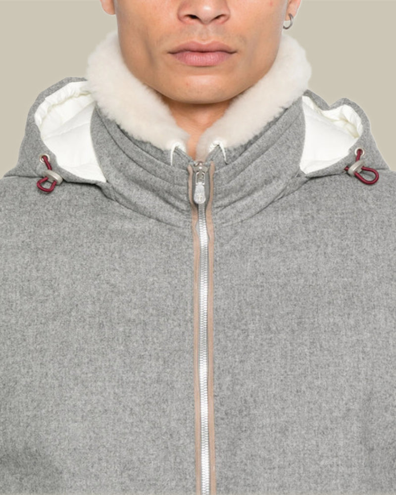 Grey Cashmere Flannel Down Jacket With Fur Collar