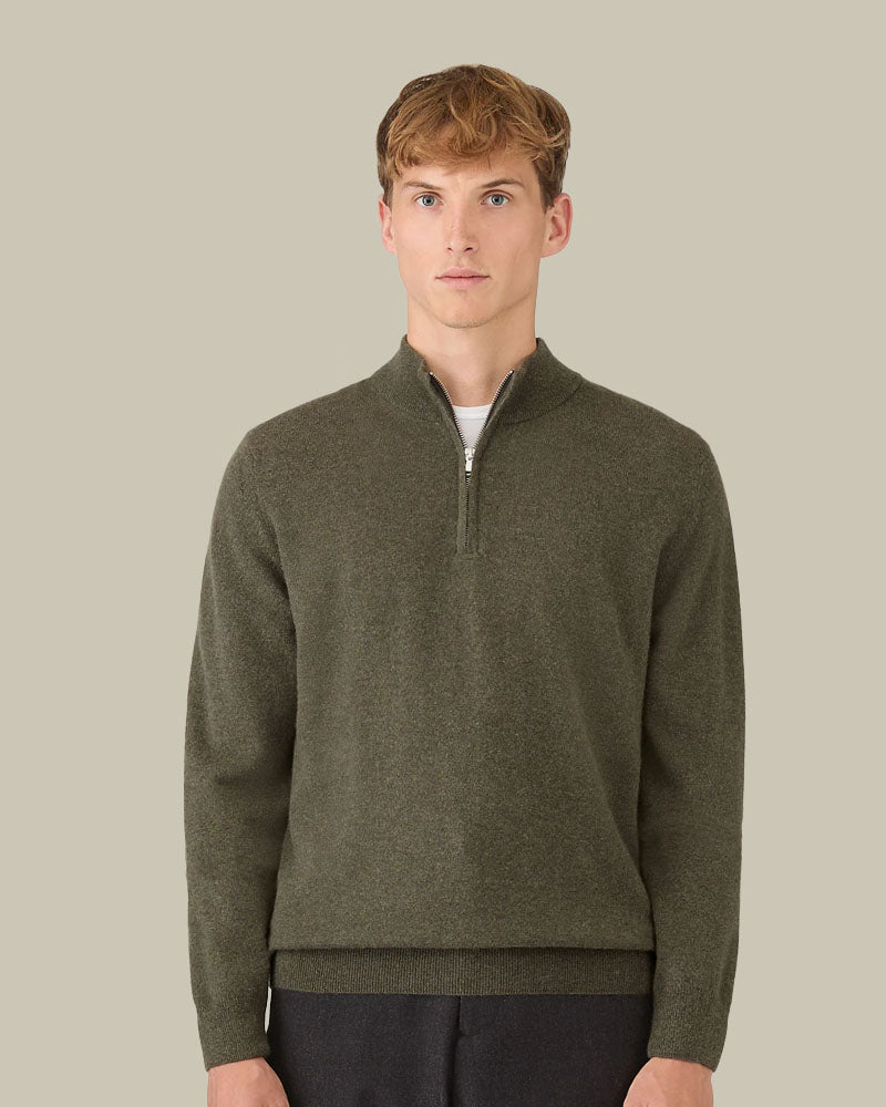 Khaki Cashmere Half Zip Jumper