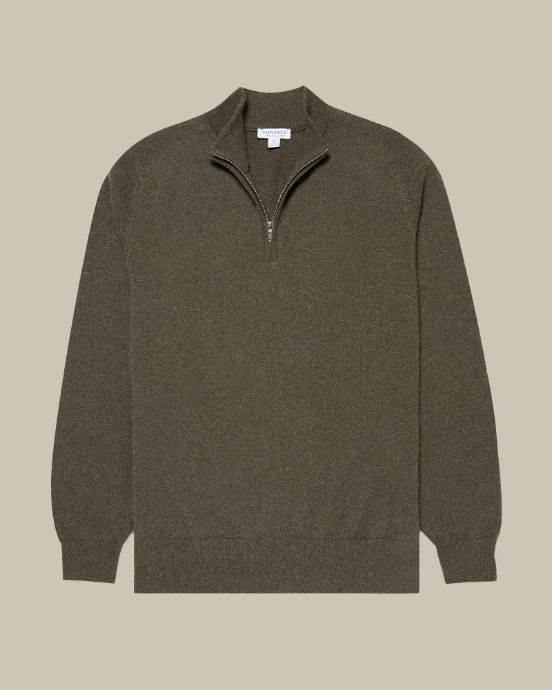 Khaki Cashmere Half Zip Jumper