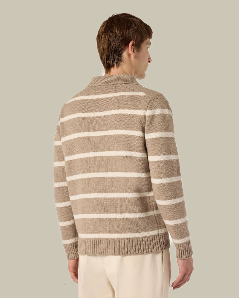 Beige Striped Skipper Collar Cashmere Polo