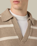 Beige Striped Skipper Collar Cashmere Polo