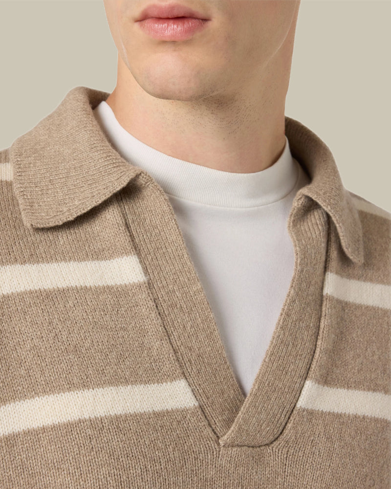 Beige Striped Skipper Collar Cashmere Polo