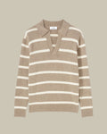 Beige Striped Skipper Collar Cashmere Polo