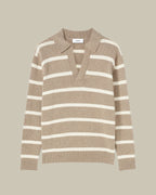 Beige Striped Skipper Collar Cashmere Polo