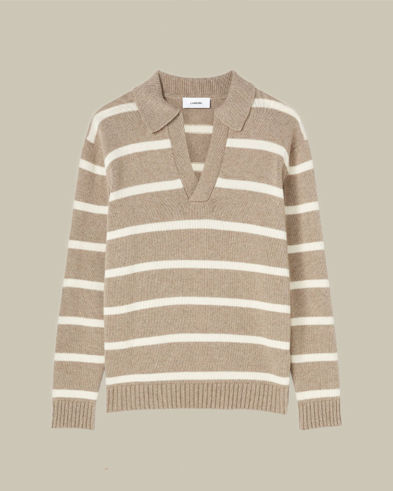 Beige Striped Skipper Collar Cashmere Polo