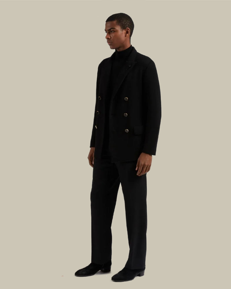 Black Double Breasted Wool Peacoat