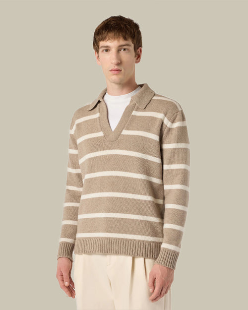 Beige Striped Skipper Collar Cashmere Polo