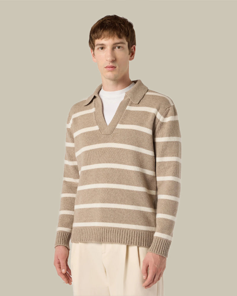 Beige Striped Skipper Collar Cashmere Polo