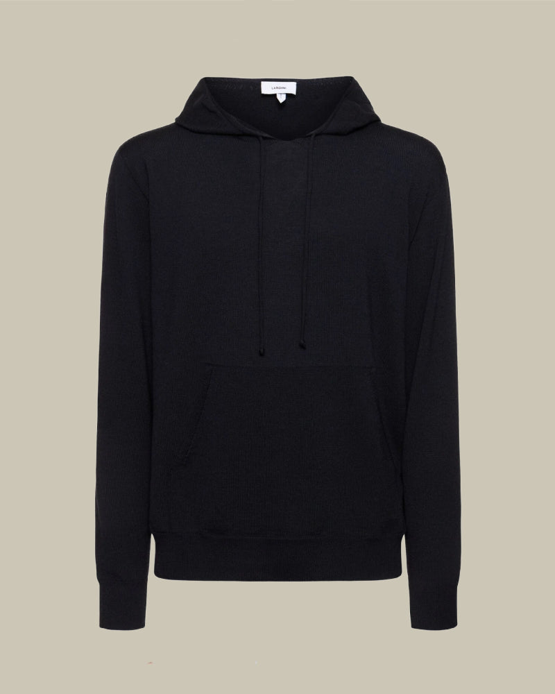 Black Cotton Knit Pullover Hoodie