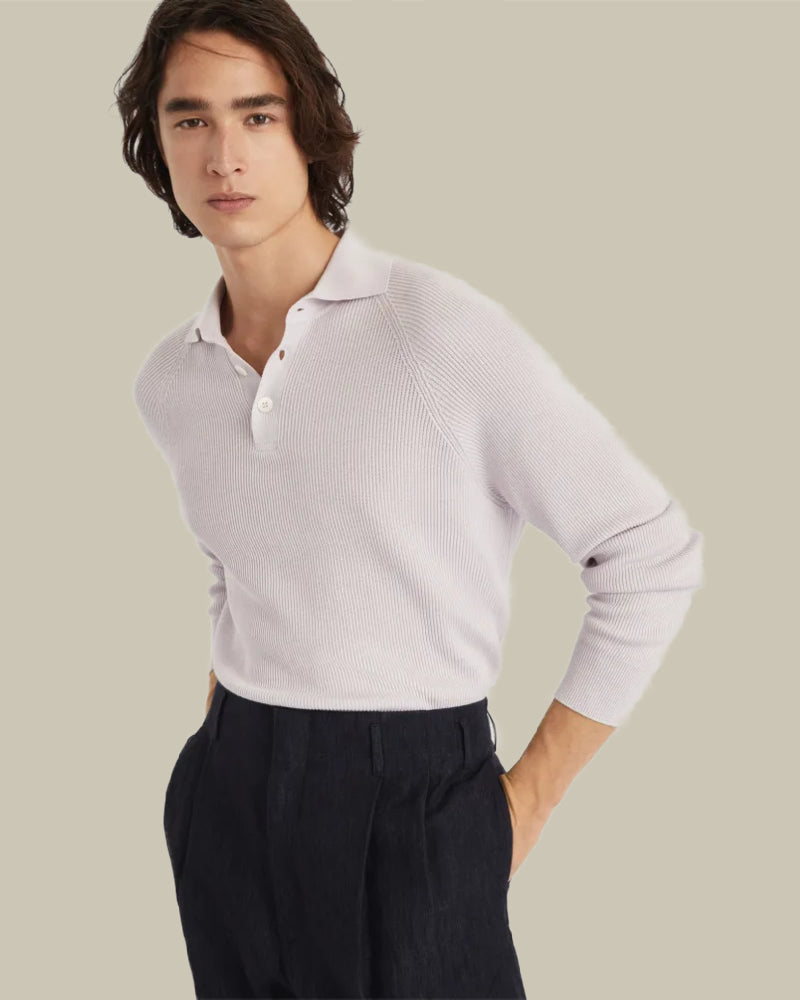 Lilac Cotton English Rib Knit Long Sleeve Polo