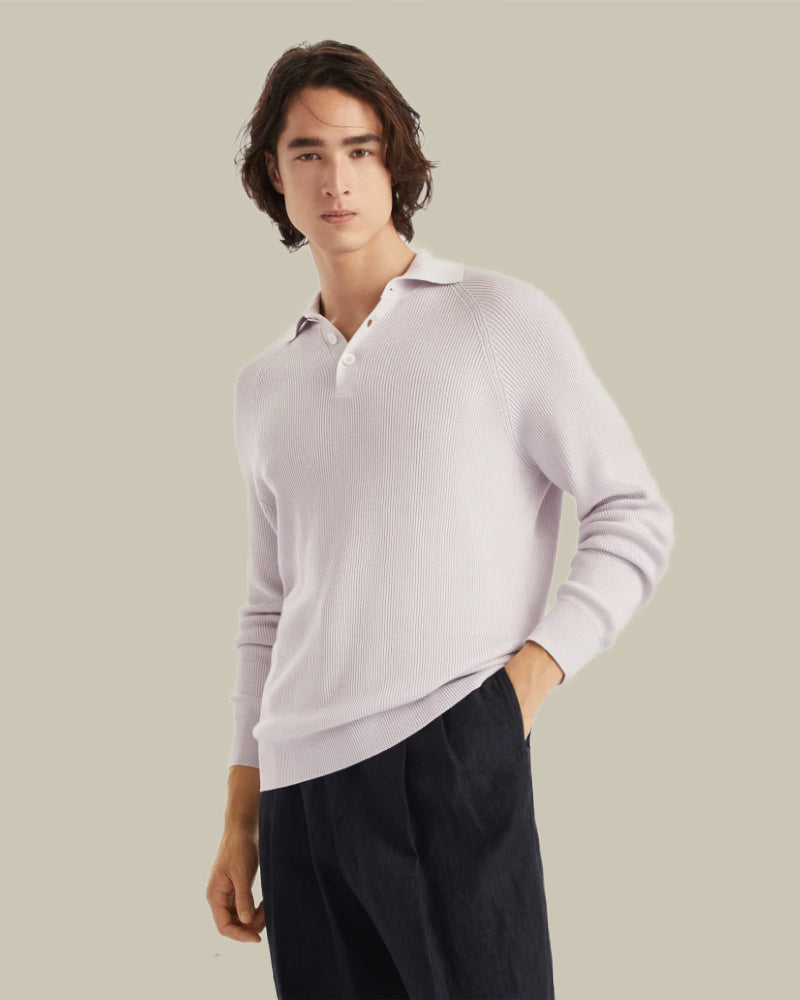 Lilac Cotton English Rib Knit Long Sleeve Polo