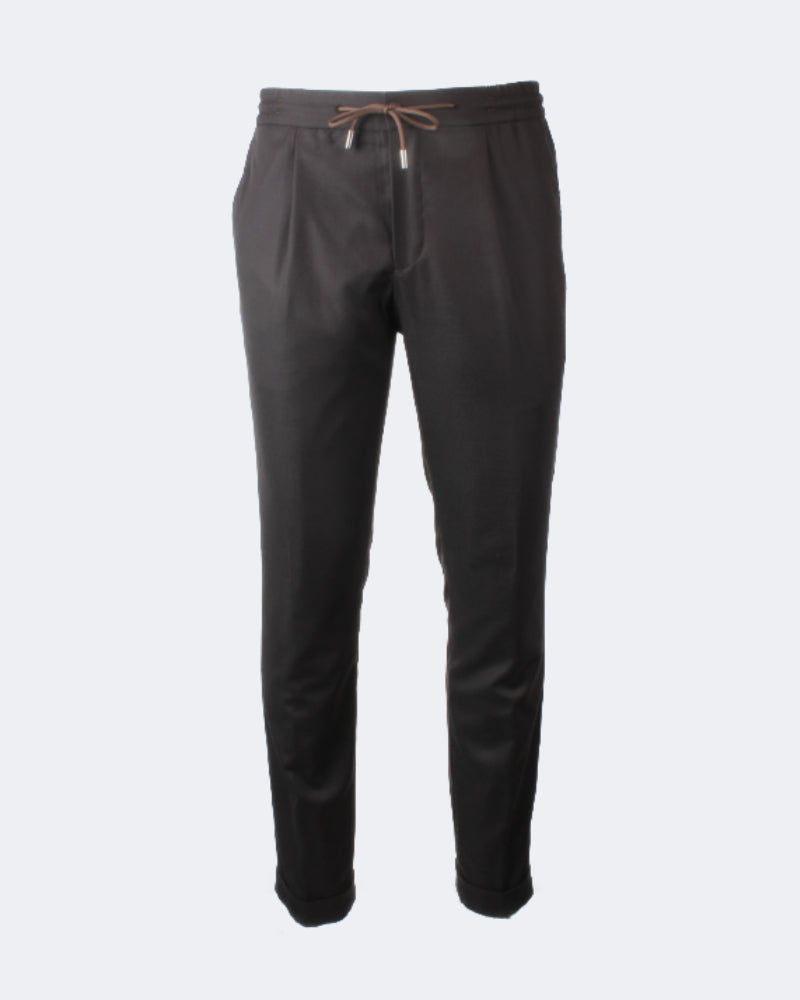 Dark Brown Stretch Wool Drawstring 1 Pleat Trouser