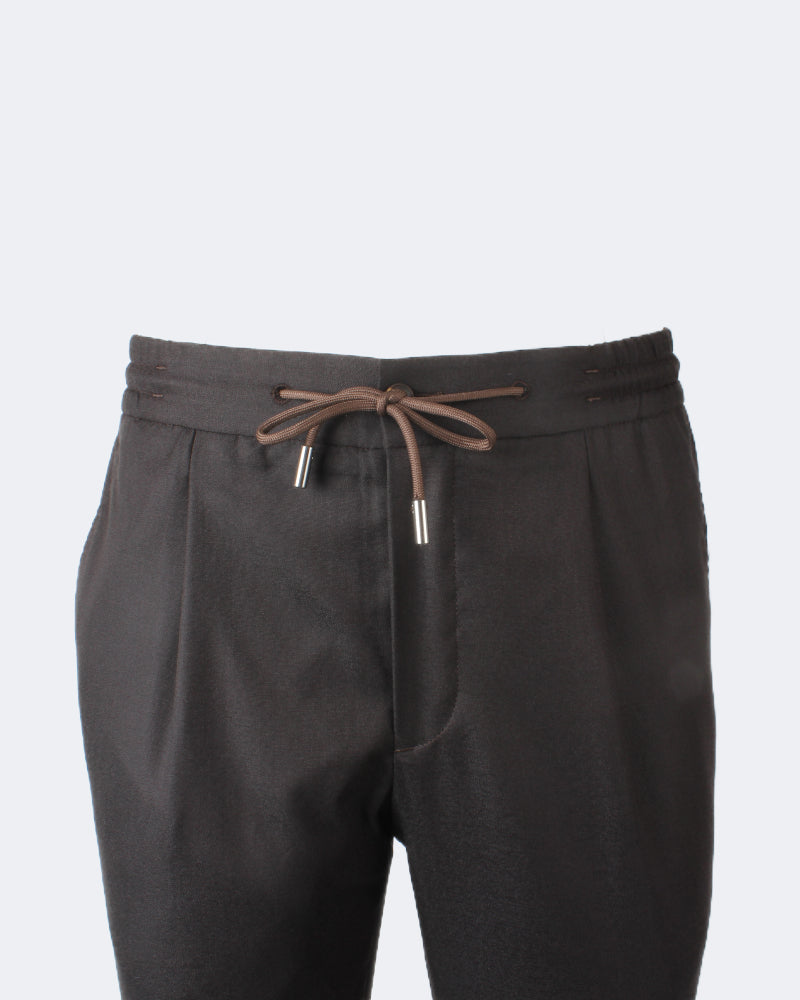 Dark Brown Stretch Wool Drawstring 1 Pleat Trouser