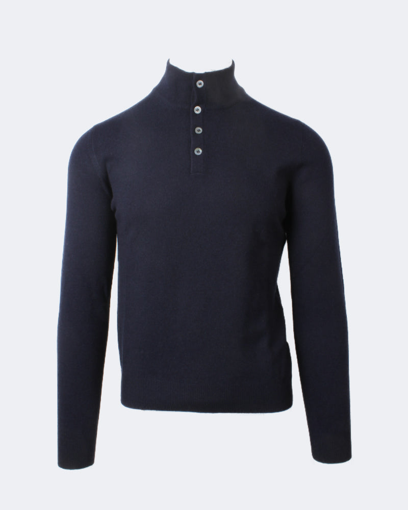 Navy Wool & Cashmere Button Mock Neck