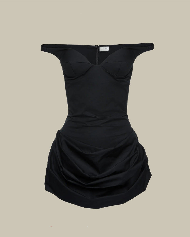 Off Shoulder Draped Cotton Mini Dress in Black