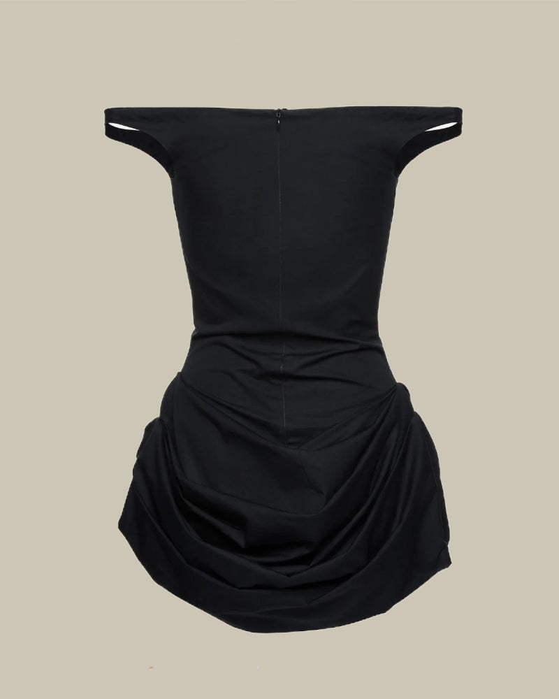 Off Shoulder Draped Cotton Mini Dress in Black