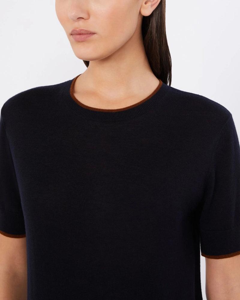 Navy Silk & Wool Contrasting Trim Tee