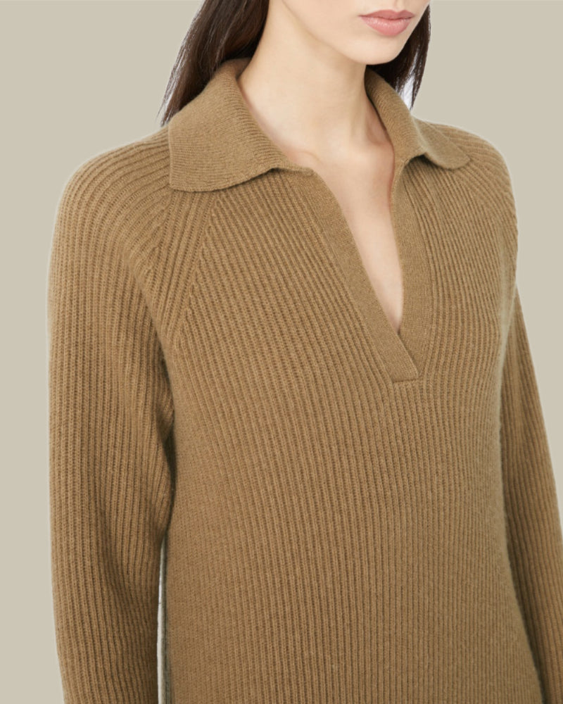 MANA Beige Cable Knit Skipper Collar Polo Dress