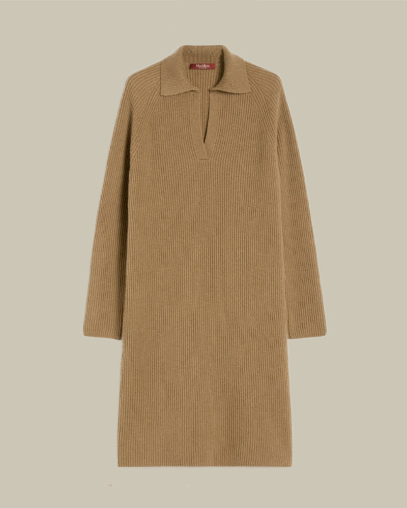 MANA Beige Cable Knit Skipper Collar Polo Dress