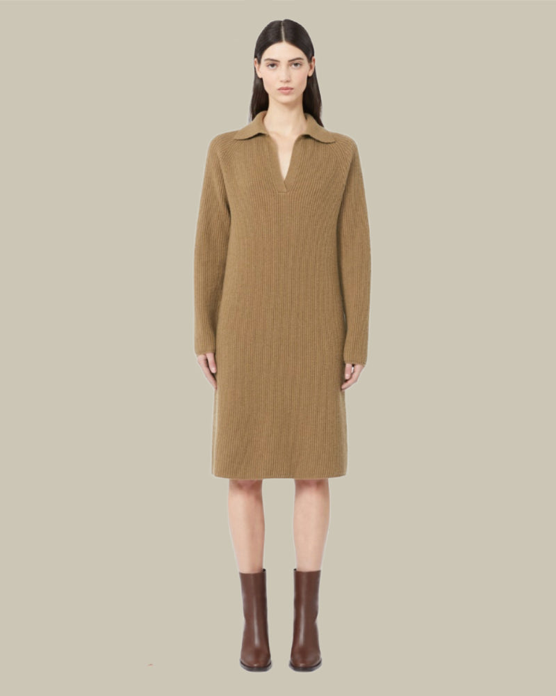 MANA Beige Cable Knit Skipper Collar Polo Dress