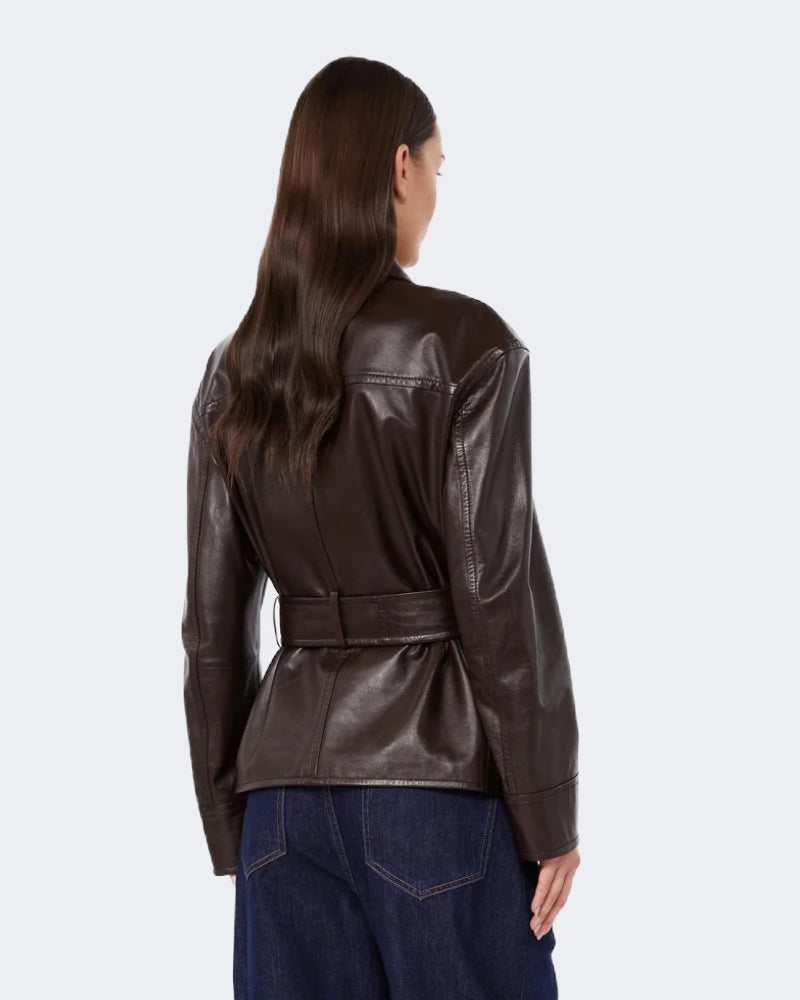 Brown Belted Leather Biker Jacket