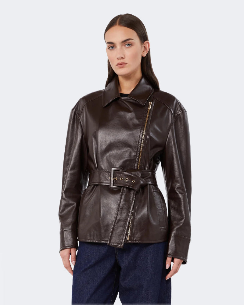 Brown Belted Leather Biker Jacket