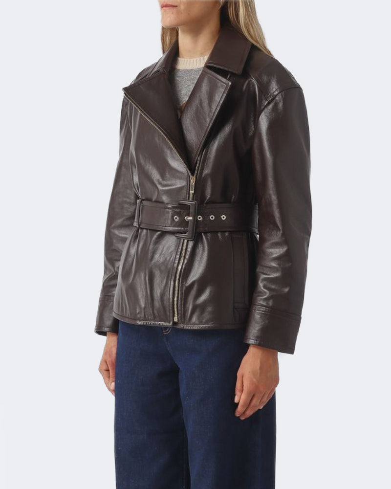 Brown Belted Leather Biker Jacket