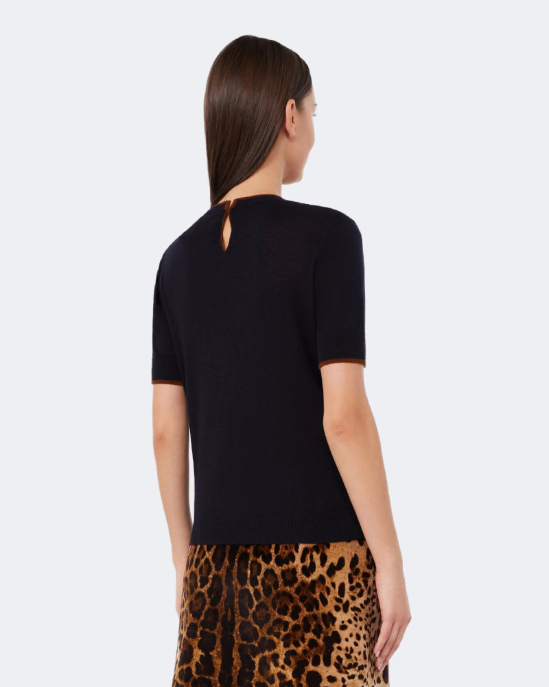 Navy Silk & Wool Contrasting Trim Tee