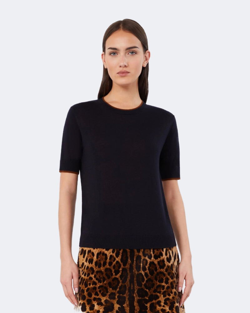 Navy Silk & Wool Contrasting Trim Tee