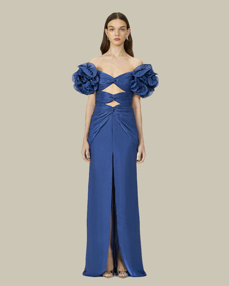 Milanka Lurex Georgette Bandage Gown With Ruffle Offshoulder Sleeves