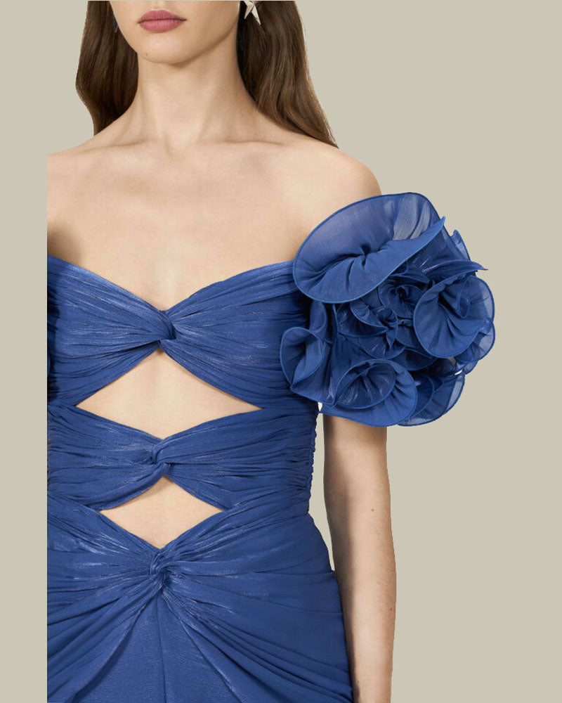 Milanka Lurex Georgette Bandage Gown With Ruffle Offshoulder Sleeves