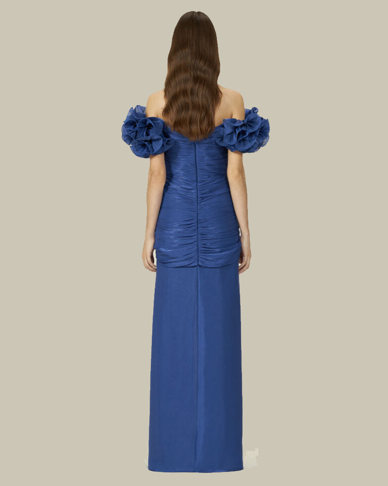 Milanka Lurex Georgette Bandage Gown With Ruffle Offshoulder Sleeves