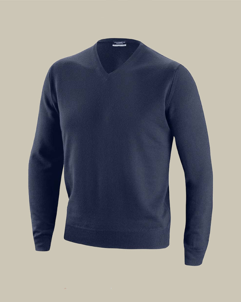 Blue Long Sleeve Merino Wool V Neck