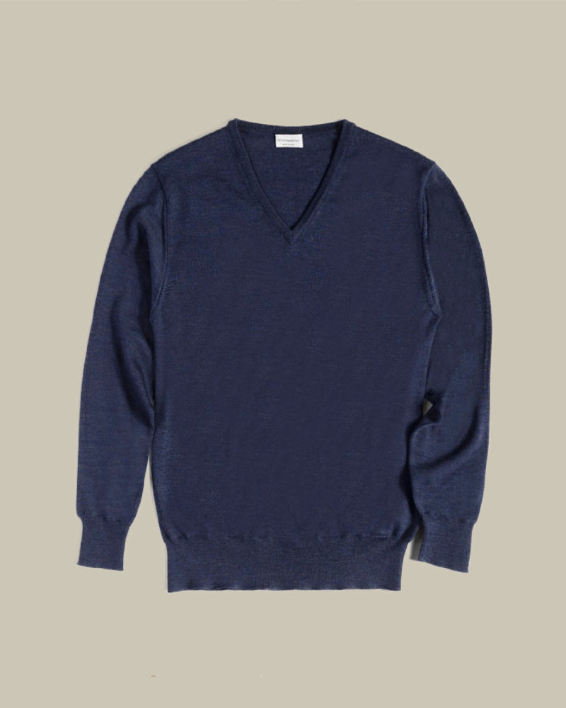Blue Long Sleeve Merino Wool V Neck