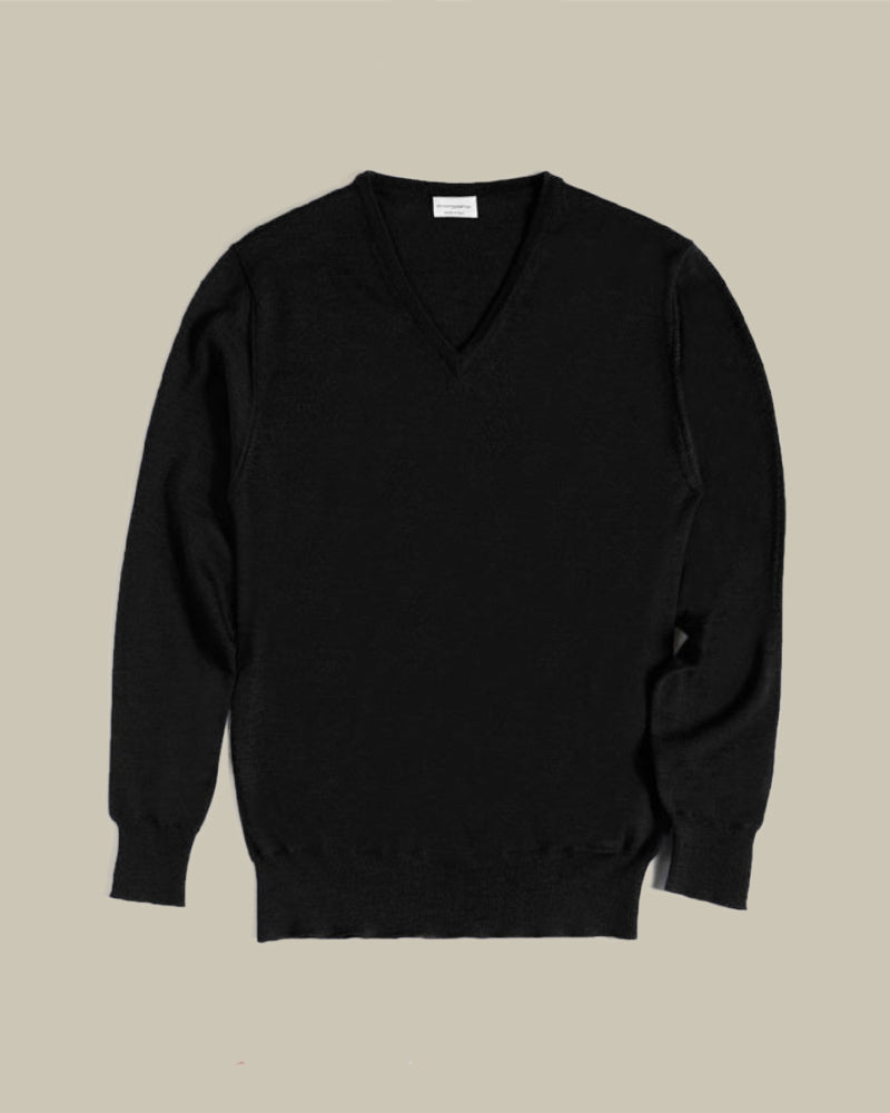Black Long Sleeve Merino Wool V Neck
