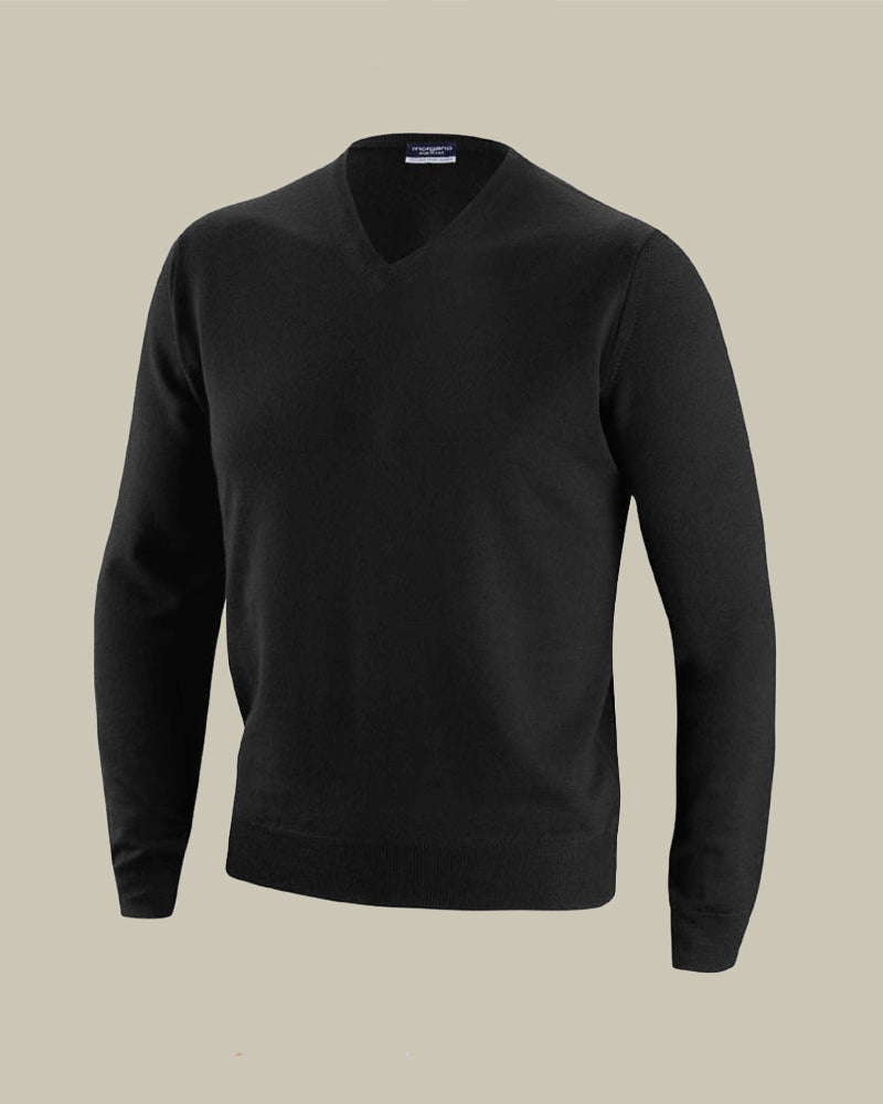 Black Long Sleeve Merino Wool V Neck