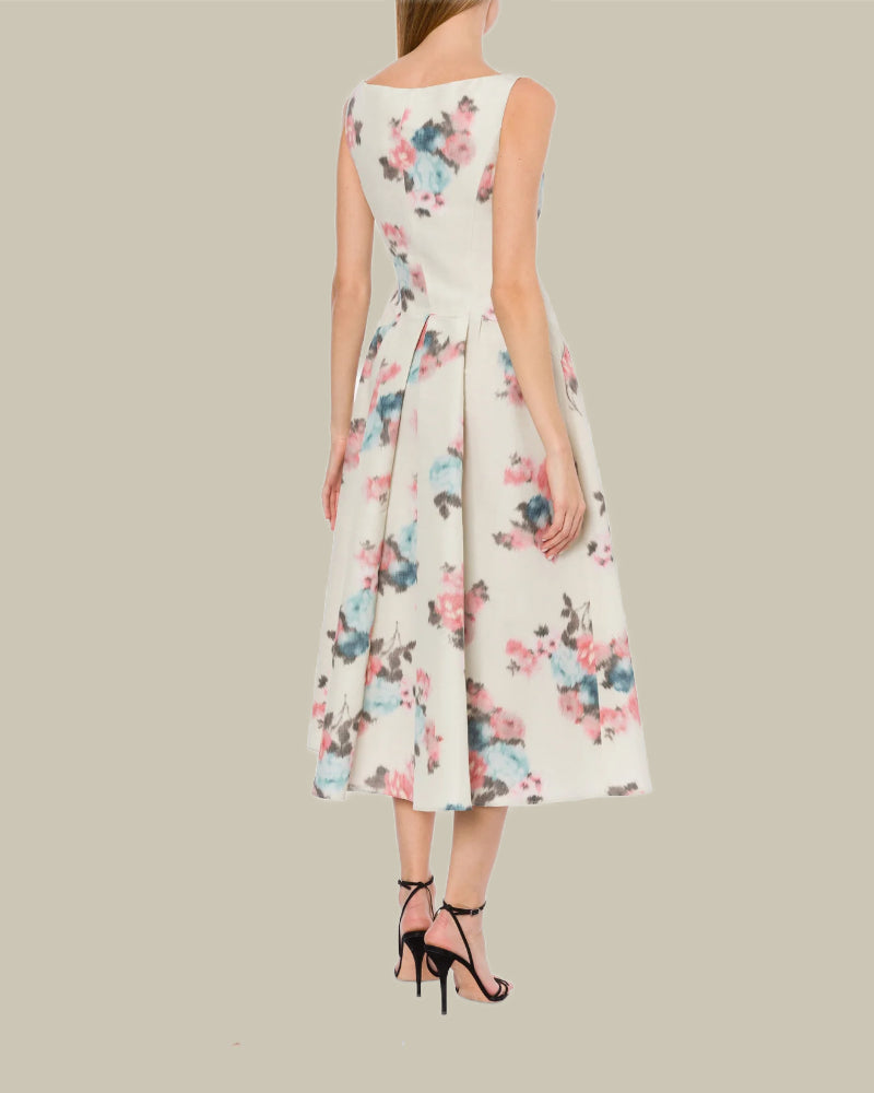 Longuette Dress In White Taffetà Floral