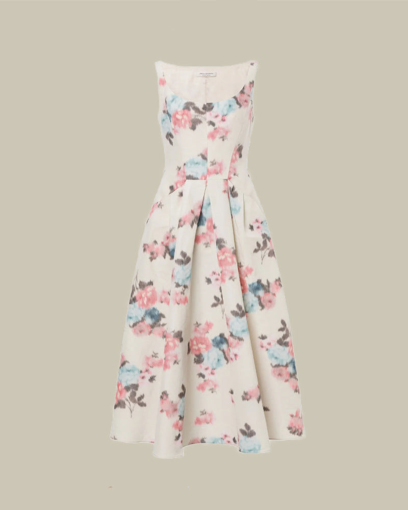 Longuette Dress In White Taffetà Floral