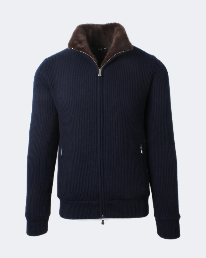 Fur Lined Navy Cashmere Cable Knit Full Zip