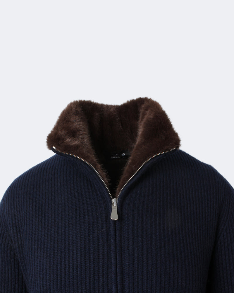 Fur Lined Navy Cashmere Cable Knit Full Zip