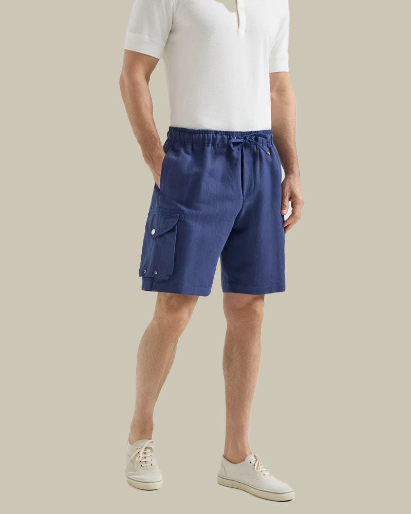 Blue Linen & Cotton Blend Drawstring Cargo Short