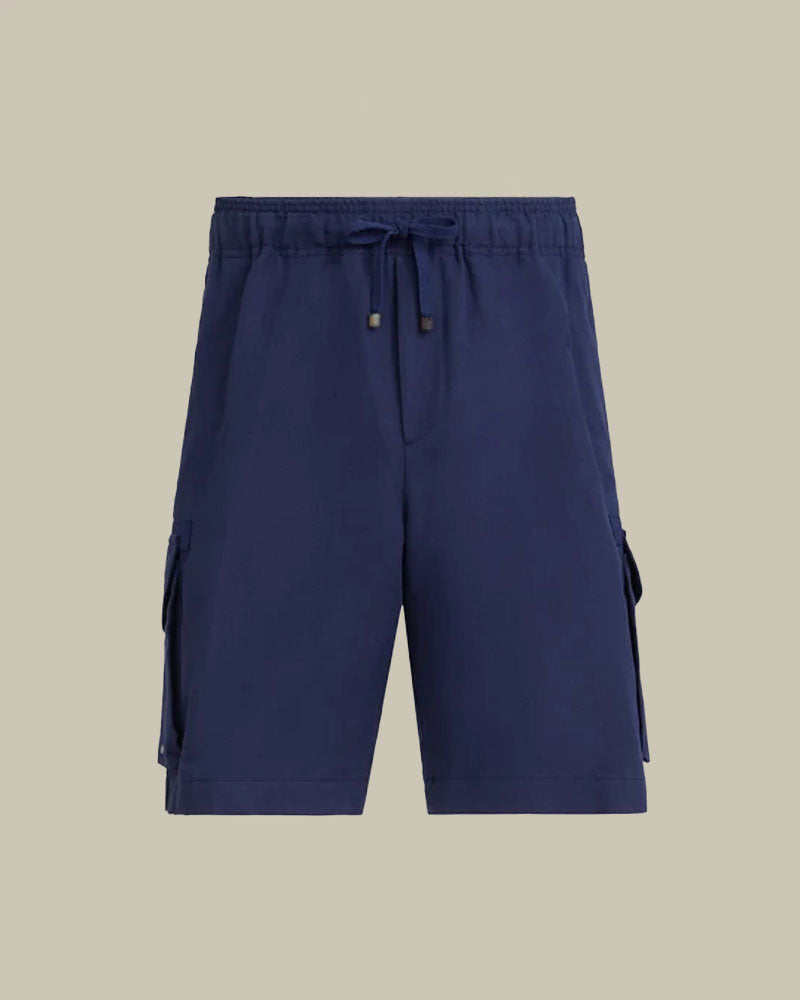 Blue Linen & Cotton Blend Drawstring Cargo Short
