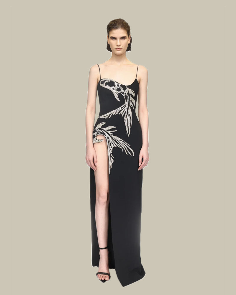 Crystal Embroided Fish Applique Open Leg Gown