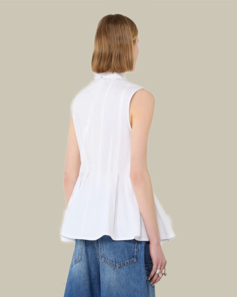 White Sleeveless Collared Pleat Shirt